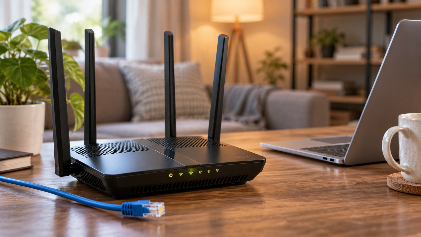 Wi-Fi роутер с антеннами и кабелем Ethernet